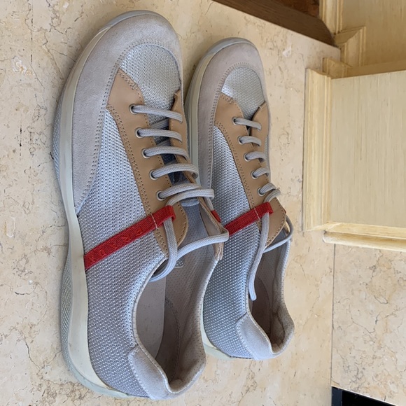 Prada sneakers. Size 10.5. Tan and silver mesh/suede with red detailing - Picture 4 of 9